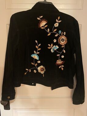 Brandon Thomas Black suede Jacket with Embroidered Floral Vine